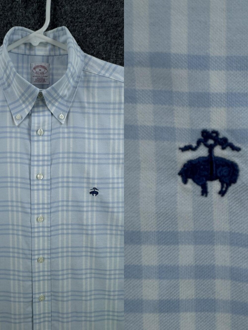 Brooks Brothers OCBD Plaid Blue White Logo Button-Down Cotton Supima Medium Men